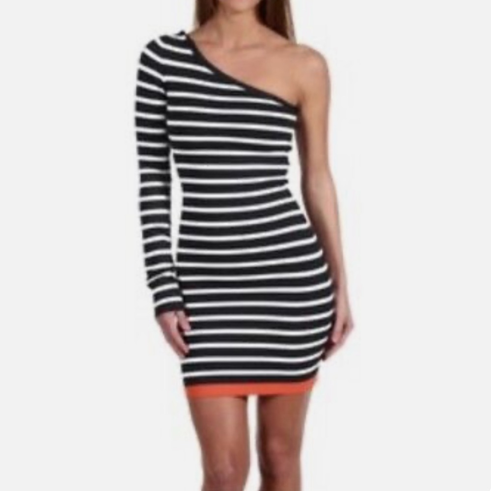 BCBG Max AZRIA Inya Navy Orange Stripe One
Shoulder Dress Size Small NEW